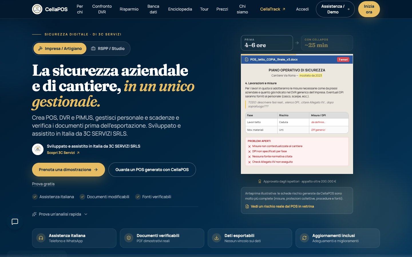 Pagina pubblica di CellaPOS con un esempio di piano operativo.