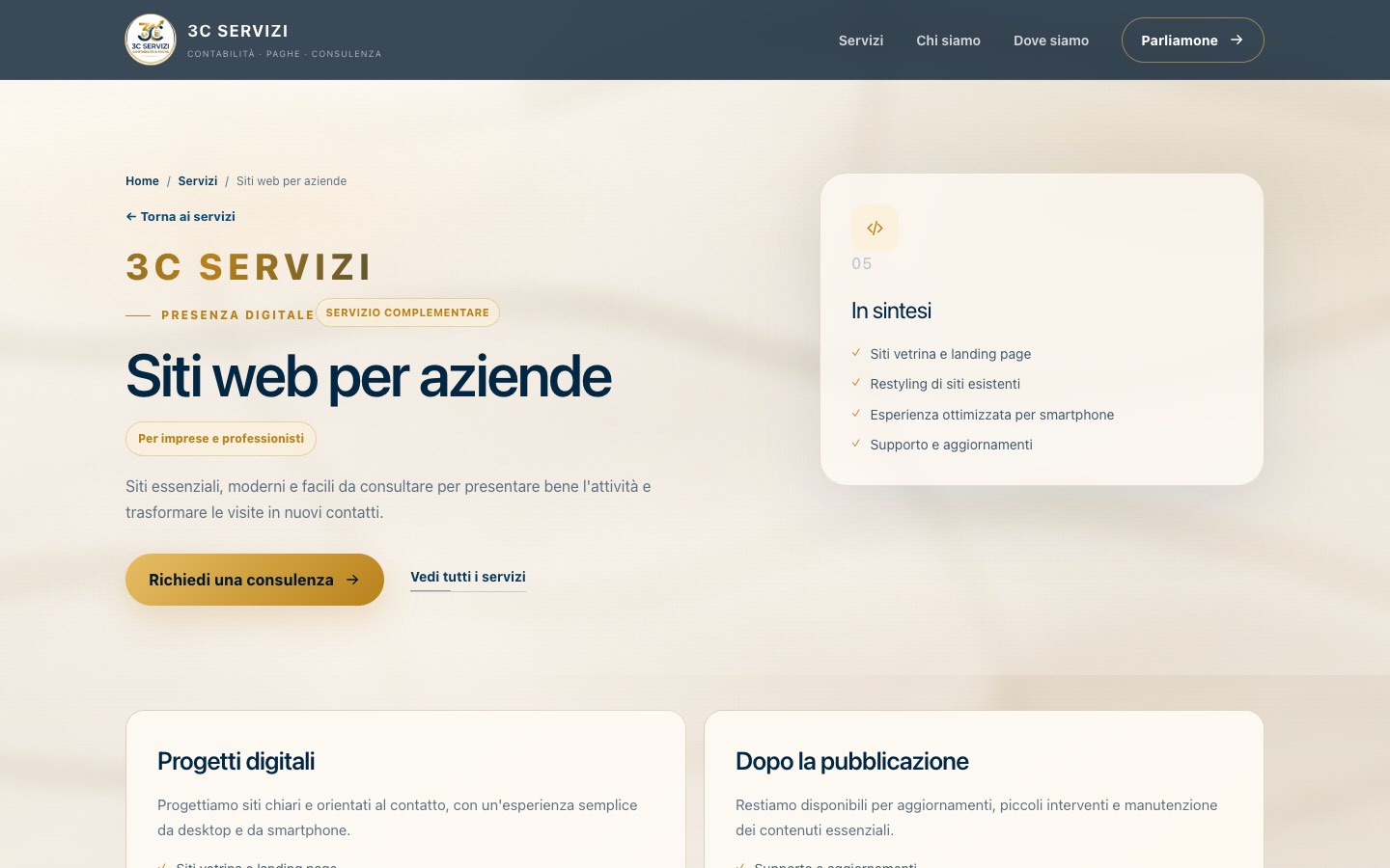 Pagina Siti web di 3C Servizi, con la sintesi del servizio e il contatto.