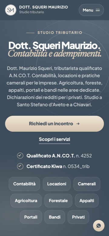 La stessa apertura di Studio Squeri su telefono, con menu e servizi in riquadri.