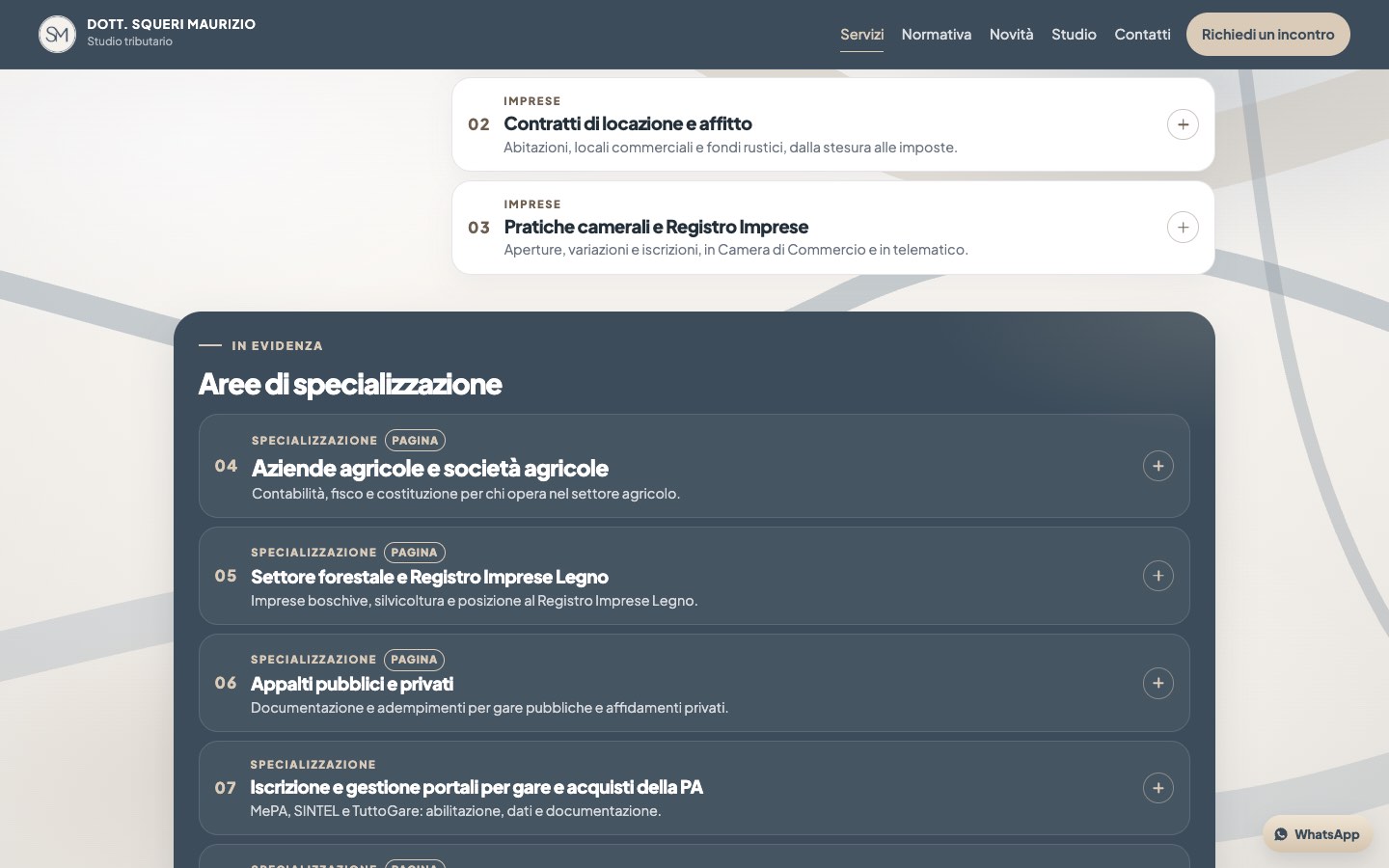 Elenco dei servizi di Studio Squeri, divisi per ambito e con pagine di specializzazione.