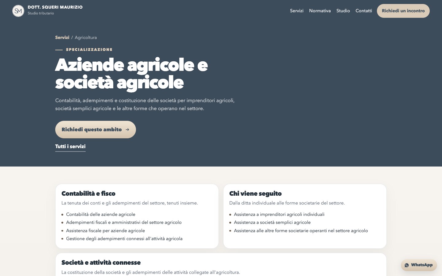 Pagina Agricoltura di Studio Squeri, con il testo della specializzazione e il pulsante di contatto.